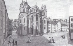 Aquarell von Franz v. Kurz (1829) mit einer zeitgenössischen Ansicht der Kollegienkirche und Lyceum,  Foto: SMCA